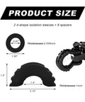 Product size diagram for Built Tough Rubber Shackle Isolators And Washers Kit, two sleeves and eight spacers, for 3/4 inch shackles.