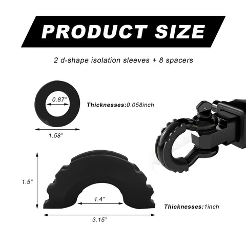 Product size diagram for Built Tough Rubber Shackle Isolators And Washers Kit, two sleeves and eight spacers, for 3/4 inch shackles.