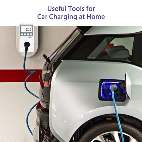 Plug In Kilowatt Watt Meter For Home Energy Monitoring connected to car charger at home