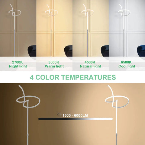 Spiral LED Floor Lamp With Remote And Footswitch, 61 Inch Tall Standing Lamp shown with 4 color temperatures and dimming range.