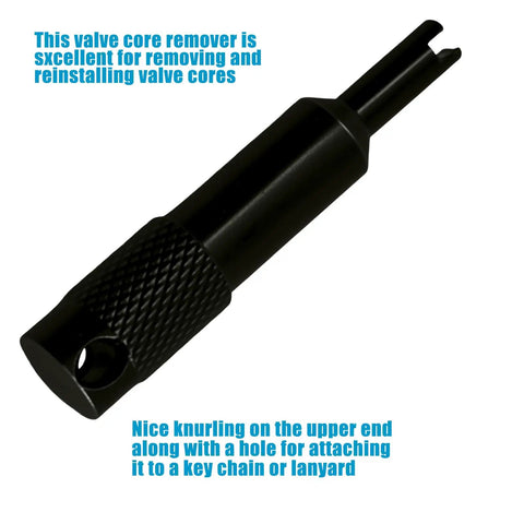 Black valve core remover, part of 14.5 Inch Tire Spoons Kit For Motorcycles Dirt Bikes Lawn Mowers And More 7 Piece Tool Set.