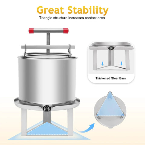 Manual Honey Press Extractor For Beeswax And Honeycomb Drums Stainless Steel Kitchen Tool With 532.6 Oz Capacity showing stable base