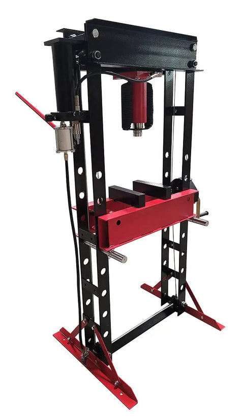 Real Deal 40 Ton Air Hydraulic Shop Press with black and red steel frame for heavy duty automotive repair use.