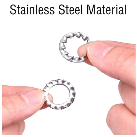 Close-up of 100 Count 304 Stainless Steel External Tooth Star Lock Washers Kit With Circlips Snap Rings For M5 Machinery Built Tough Fastening.