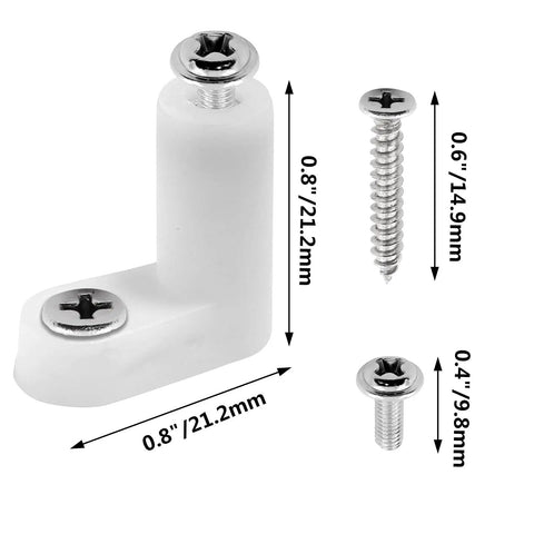 50 Pieces PCB Board Mounting Feet With Screws Kit showing white plastic spacer and screws, dimensions labeled 0.8" x 0.8" and 0.6", 0.4" screws