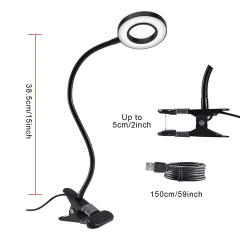 Clip On Desk Lamp With 48 LED Lights, 3 Color Modes, 10 Brightness Levels, 360 Degree Flexible Gooseneck, USB cord, and clamp.