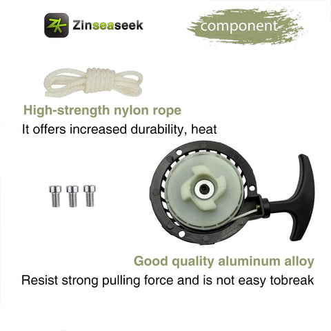 Easy Recoil Pull Starter For 43cc 47cc 49cc 50cc 63cc 70cc Small Engines Fits Karts ATVs Scooters Pocket Bikes Mini Quads And Mini Motos 98mm Diameter Replacement Kickstart For 2 Stroke And 4 Stroke Motors showing components including high-strength nylon rope and aluminum alloy build