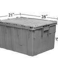 Industrial Plastic Storage Tote With Hinged Attached Lid 2 Pack Built Tough Heavy Duty Stackable Totes 28x21x15.5 Gray