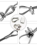Heavy Duty Wire Rope Hardware Set With Thimble And Aluminum Crimp Loop For 3/16 Inch Cable Includes M4 Clamps 304 Stainless Steel Rust Resistant DIY Rigging Kit For Outdoor Projects Fences And Hoists close-up with components
