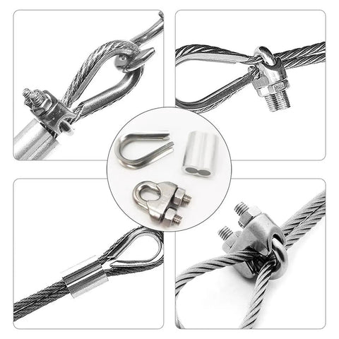 Heavy Duty Wire Rope Hardware Set With Thimble And Aluminum Crimp Loop For 3/16 Inch Cable Includes M4 Clamps 304 Stainless Steel Rust Resistant DIY Rigging Kit For Outdoor Projects Fences And Hoists close-up with components