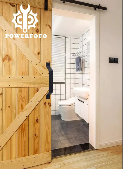 Sliding barn door with heavy duty solid steel handle in matte black powder coat for bathrooms and closets, 10 inch beveled hardware.