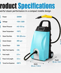Product specifications for Powerful 3000W Portable High Pressure Steam Cleaner With 3.5L Tank, detailing power, dimensions, and features.