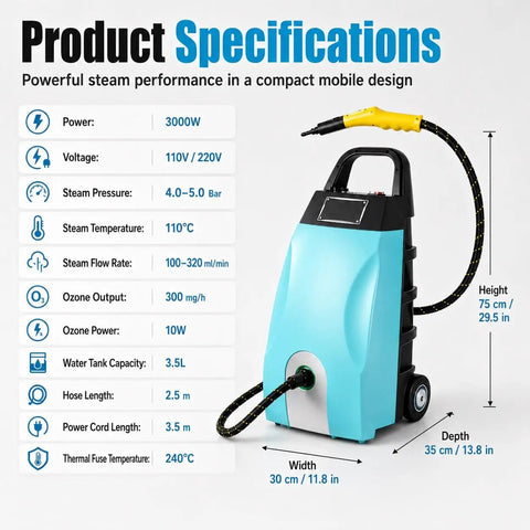 Product specifications for Powerful 3000W Portable High Pressure Steam Cleaner With 3.5L Tank, detailing power, dimensions, and features.