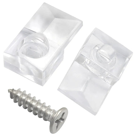Clear Mirror Holder Clips Kit 25 Heavy Duty Acrylic Fasteners for No Sweat Wall Mounting with accompanying screw.