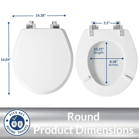 Soft Close Toilet Seat With Chrome Hinges And Wood Seat, Secure Metal Mount, Easy Install, Round White, Made In USA