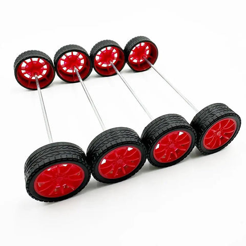 12 PCS RC Car Wheels Set 30mm Rubber Tires With 6 Round Axles 2mm Shaft And 100mm Length Red Perfect For DIY Model Toy Building Projects