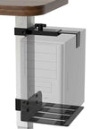 Kick Desk Clutter To The Curb With This Rock Solid Under Desk PC Mount Heavy Duty Steel Tower Bracket For Standing Desks Holds Up To 66 Pounds Keeps Your Rig Off The Floor, showcasing the adjustable clamp design securing a PC tower.