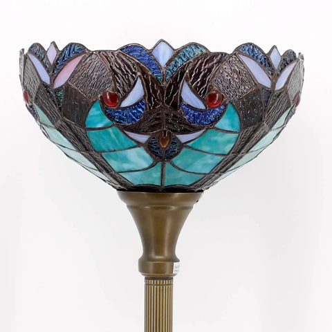 Tiffany Style Floor Lamp Green Liaison Stained Glass Light With 12 Inch Shade And 71 Inch Tall Torchiere Pole, antique bronze base