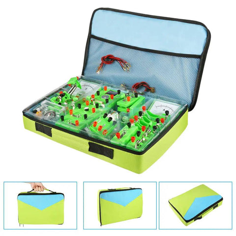 Kid Friendly Hands On Electric Circuit And Magnetism Kit For Kids And Students STEM Discovery Board in storage bag, open view