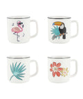 Four Pack Ceramic Demitasse Espresso Cups, 4.23 Oz Small Coffee Mugs For Espresso Machines And Home Coffee Makers, Microwave And Dishwasher Safe, Great For That Quick Caffeine Fix, featuring colorful tropical designs with flamingos and toucans.