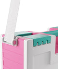 Close-up of Castle All In One Double Sided Card And Accessory Storage Case with pink, white, teal colors, and a strap