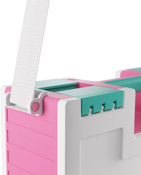 Close-up of Castle All In One Double Sided Card And Accessory Storage Case with pink, white, teal colors, and a strap