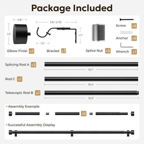 Package contents for Heavy Duty 1 Inch Curtain Rod Adjustable 32 To 120 Inches Black Indoor Outdoor Drapery Pole