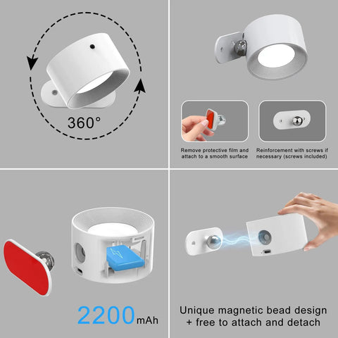 2 Pack Remote Led Wall Sconce Light With Rechargeable Battery No Outlet Needed, 3 Colors, magnetic rotating head, easy install.