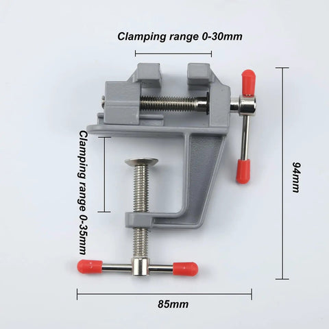 Mini Jeweler Table Clamp For Jewelry Making And Electronics Craft Projects Portable Bench Vise with dimensions and ranges shown