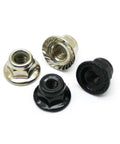 Four CNC aluminum propeller nuts with nylon locking, two silver and two black, for RC drones; includes CW and CCW threading.