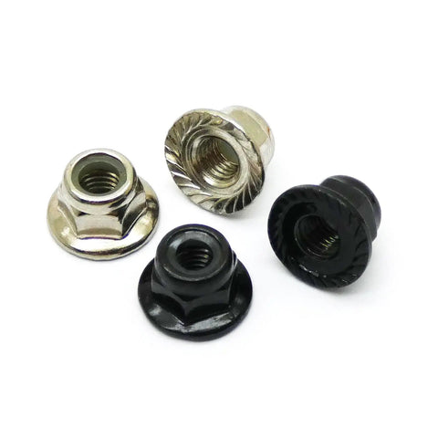 Four CNC aluminum propeller nuts with nylon locking, two silver and two black, for RC drones; includes CW and CCW threading.