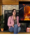 Woman explaining chimney fire hazards with Two Pack Of Knockout Chimney Fire Suppressant That Handles Flue Infernos Quickly Csia Certified for home safety.