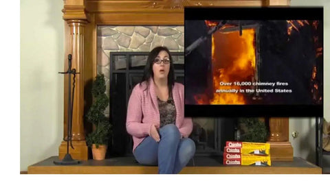Woman explaining chimney fire hazards with Two Pack Of Knockout Chimney Fire Suppressant That Handles Flue Infernos Quickly Csia Certified for home safety.
