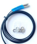 FT610 Diffuse Reflective Optical Fiber Sensor with 1M line, 2mm outer diameter, and M6 probe, shown with accessories.