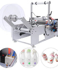 Semi Automatic Label Applicator Round Bottle Labeling Machine with clear reels and labeled bottles for efficient packing.