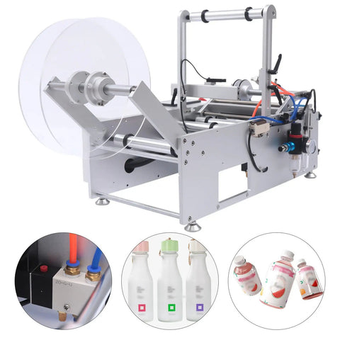 Semi Automatic Label Applicator Round Bottle Labeling Machine with clear reels and labeled bottles for efficient packing.