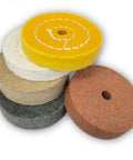 Five Piece Badass Corundum Buffing Wheel Set Featuring Three Inch Polishing Discs With Three Eighth Arbor Hole, assorted polishing discs stacked.