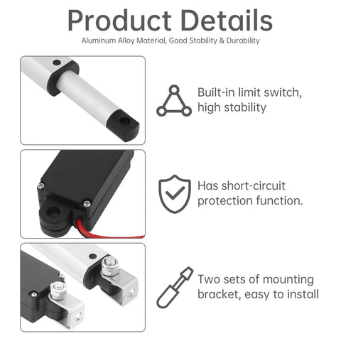 Compact 12V Mini Linear Motion Actuator shows aluminum build, limit switch and short-circuit protection for reliable use.