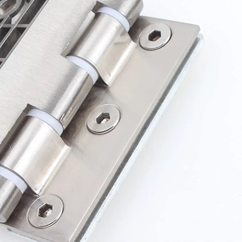 Close-up of Heavy Duty Stainless Steel Glass Door Hinges Four Pack Silky Smooth Sliding Window Clip Hardware, showcasing smooth operation and secure mounting.