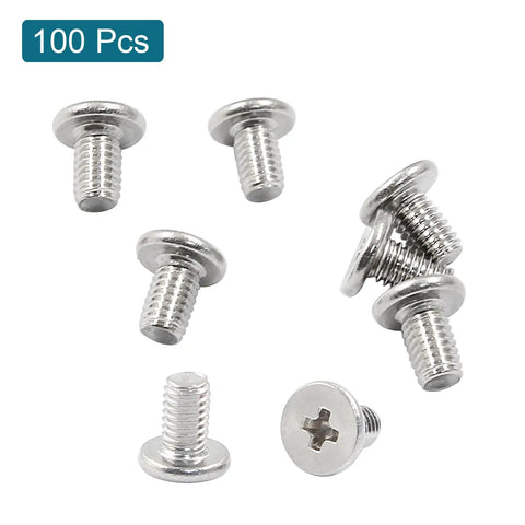 Dead Nuts Tight M3 X 5mm Round Flat Head Machine Screws 100 Pack, stainless steel screws with Phillips drive, ideal for repairs.