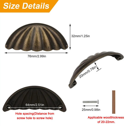 Bronze semicircle cabinet pull showing size details, 76mm wide, heavy-duty zinc alloy construction for kitchen drawers.