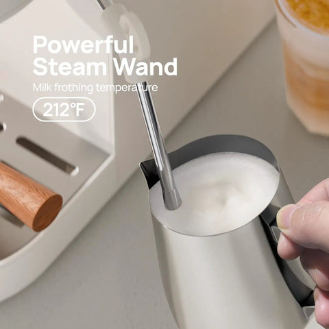 Next Level Drip 20 Bar Espresso Machine With Auto Milk Frother And Pro Steam Wand for frothing milk in stainless pitcher.