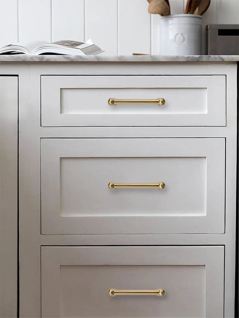 10 Pack Of 5 Inch Hole Center Champagne Bronze Cabinet Pulls Freakin Sturdy Heavy Duty Drawers And Dresser Handles Warm Brass Kitchen Cupboard Hardware Set installed on white kitchen drawers