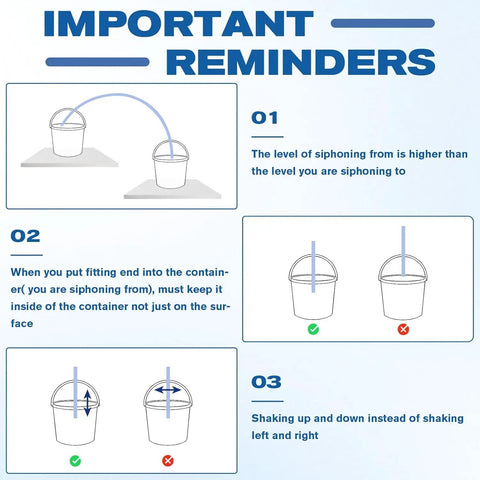 Important reminders for using Heavy Duty Gas Siphon Hose Pump For Dead Simple Fuel And Water Transfer, illustrating proper technique.