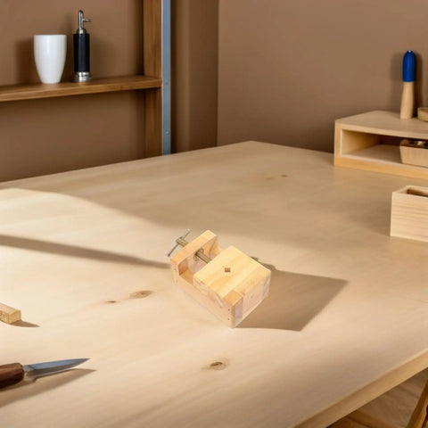 Sturdy Wooden Carving Clamp And Mini Bench Vise For Stone Seal Engraving resting on a workbench, showcasing the solid wood material.