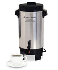 42-Cup Coffee Urn With Automatic Temperature Control, Quick One Cup Per Minute Brew, silver server next to a cup of coffee