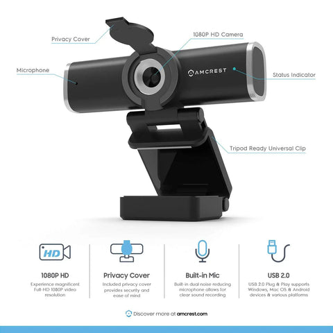 Plug And Shoot 1080P Hd Webcam With Built In Stereo Mic For Desktop Pc And Laptop Boasting A Crisp 90 Degree Lens and Privacy Cover.