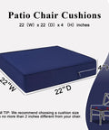 Blue Outdoor Chair Cushions Set Of 2 22x22x4 Waterproof Patio Cushions With Ties And Handle. Cushion dimension illustration.