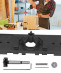 Aramox Hinge Hole Saw Jig For Precise 35mm Cup Drilling With Adjustable Depth Stop and Spacing Options showing tools and accessories.