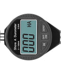 Top Notch Shore A Hardness Tester 100HD for Plastic, Rubber, and Soft Materials With LCD Display, Auto Off Durometer for Precise Readings and ASTM D2240 Compliance. LCD Shore A durometer close-up with probe and buttons